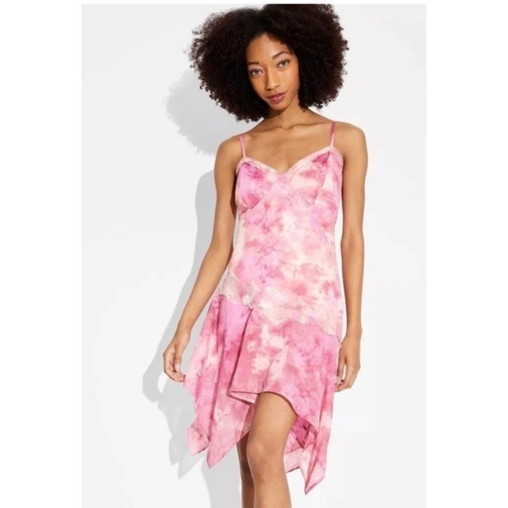 Babydoll Slip Dress Sz M Tie Dye Fairy Balletcore Pink Asymmetrical Lace Y2K Fun